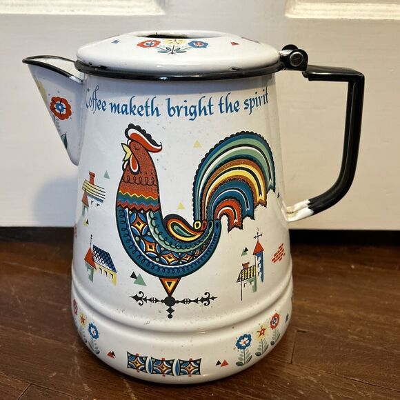 Vintage 1960's Berggern Swedish Floral Rooster Enamelware Coffee Tea Pot - Picture 2 of 10